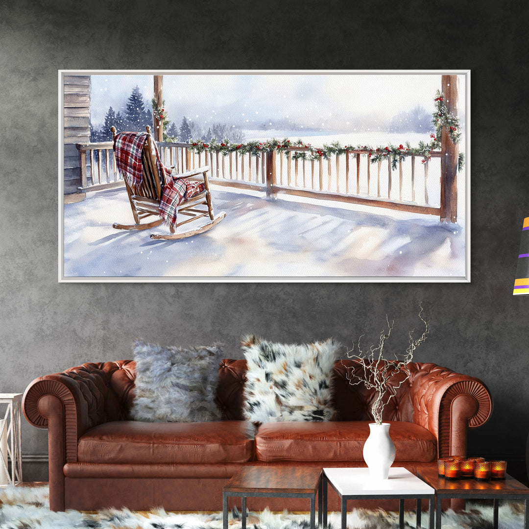 Snowy porch with rocking chair and plaid blanket, framed canvas print, Christmas decor perfect rustic holiday winter wall art