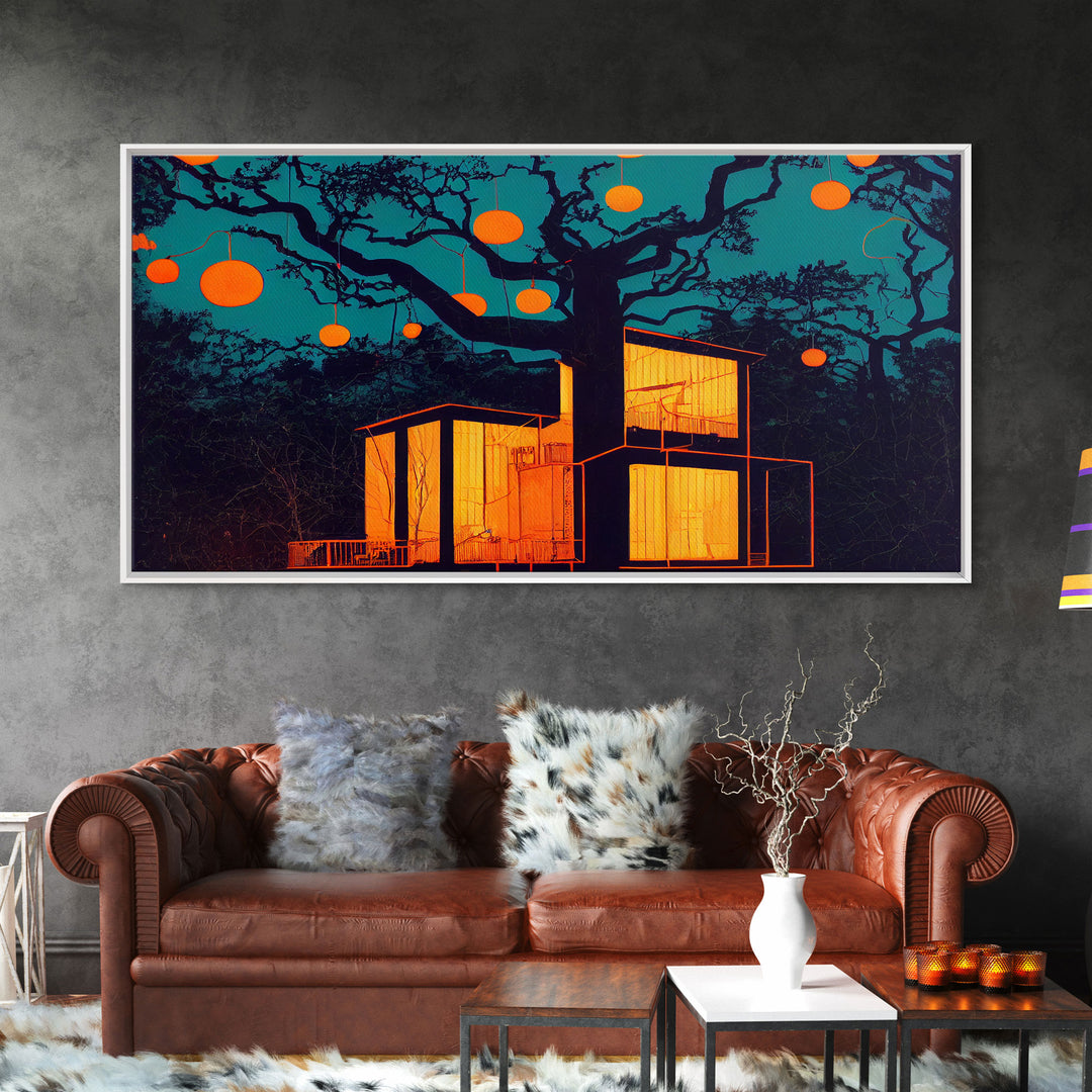 Surrealist Treehouse Art, ready to hang canvas print, cool unique wall decor, framed wall art, Psychedelic Surreal Art, Cool mancave art