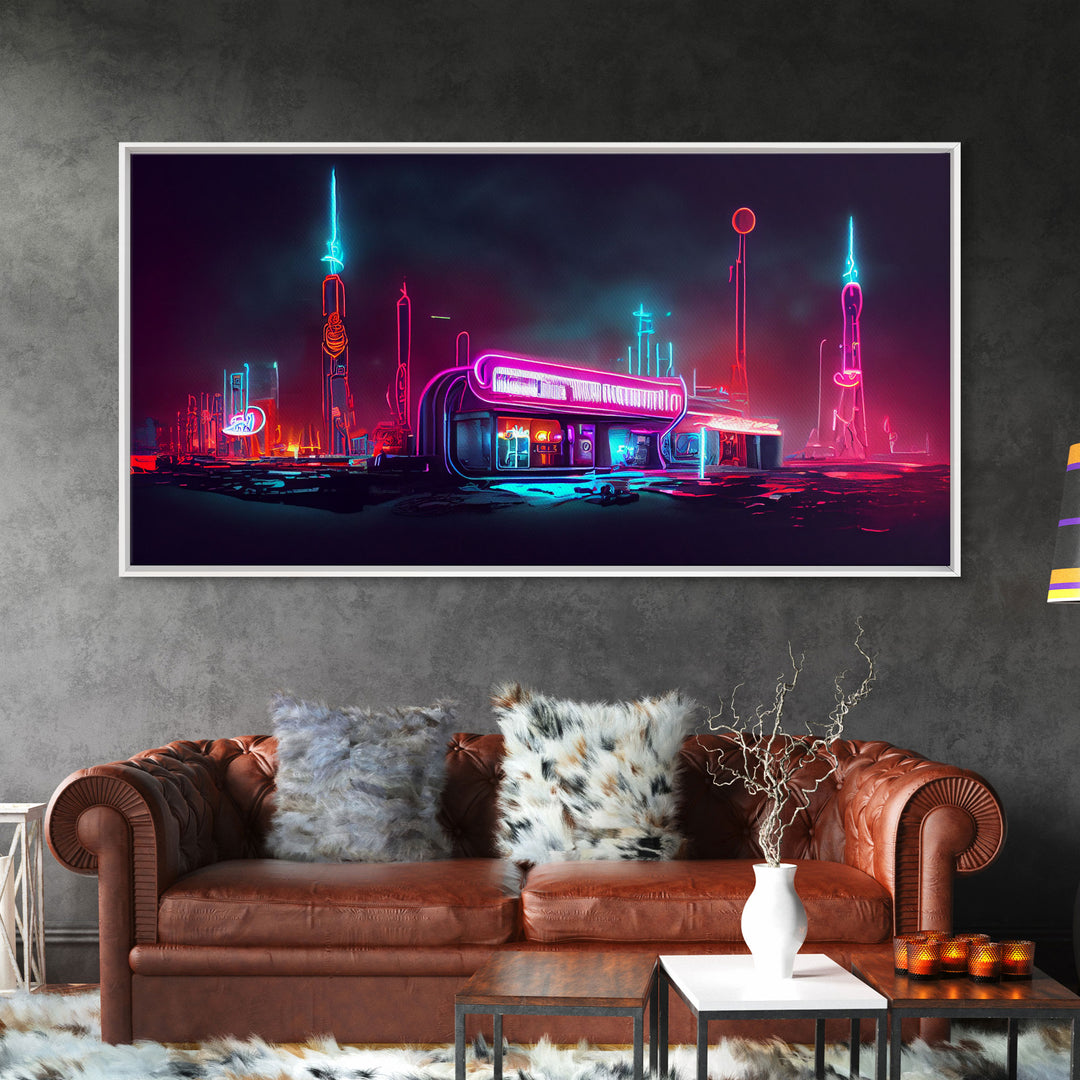 Neon Cyberpunk Diner, Retrofuturism, Framed Ready To Hang Canvas Print, beautiful wall art, guest room decor