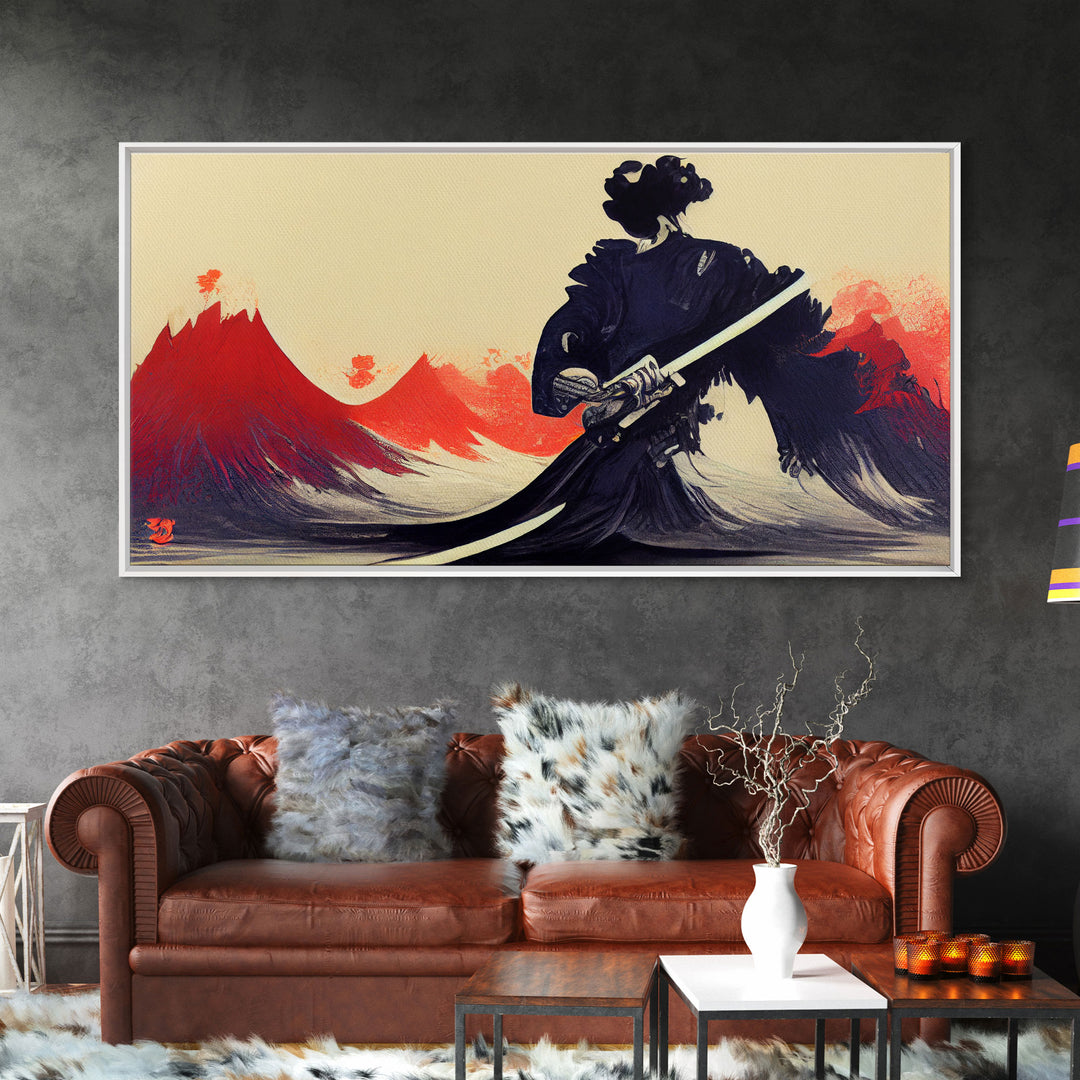 Japanese Samurai Superimposed Over Mountains, ready to hang canvas print wall art, framed canvas wall art, mancave wall art