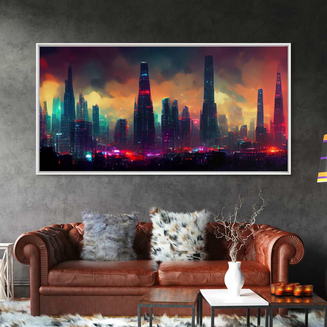 Dystopian Cyberpunk City, ready to hang canvas print wall art, framed canvas wall art, mancave wall art, Cyberpunk Art