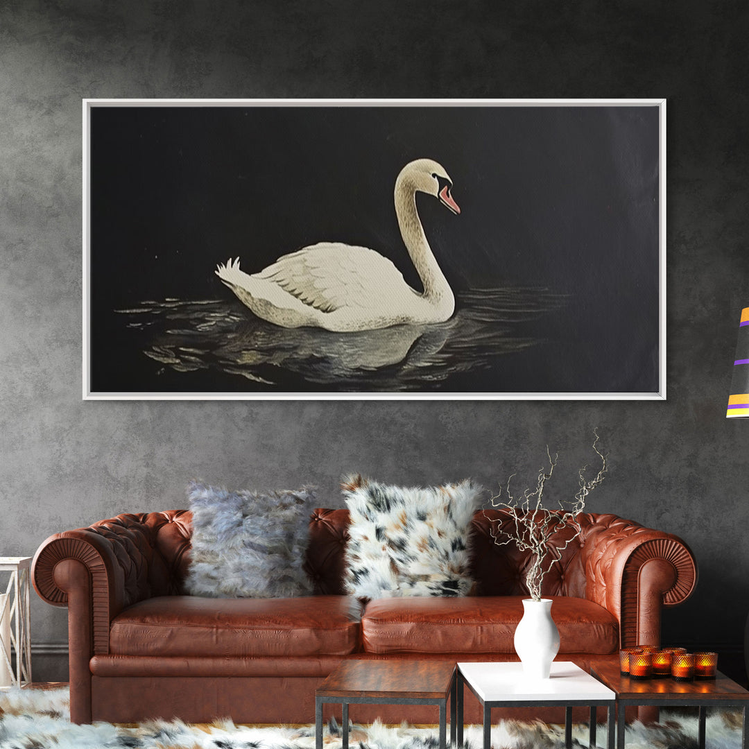 White Swan On A Black Lake, Victorian Style Vintage Art, Framed Canvas Print, Antique Art Reproduction, Traditional Wall Art