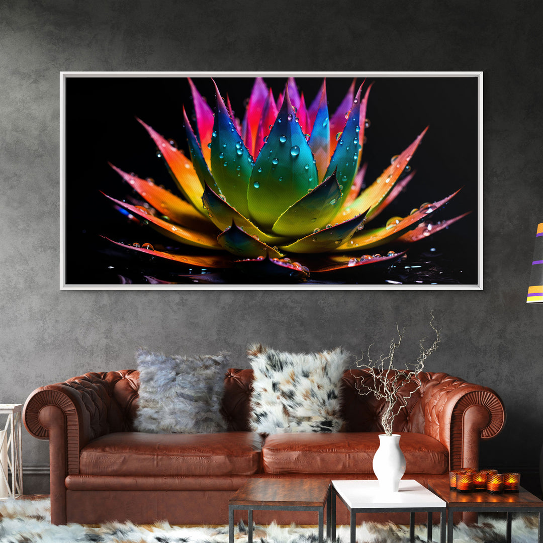 Rainbow Agave With Dew Drops, Modern Art, Framed Canvas Print,  Surreal Art, Southwestern Decor, Farmhouse Art, Desert Themed Art