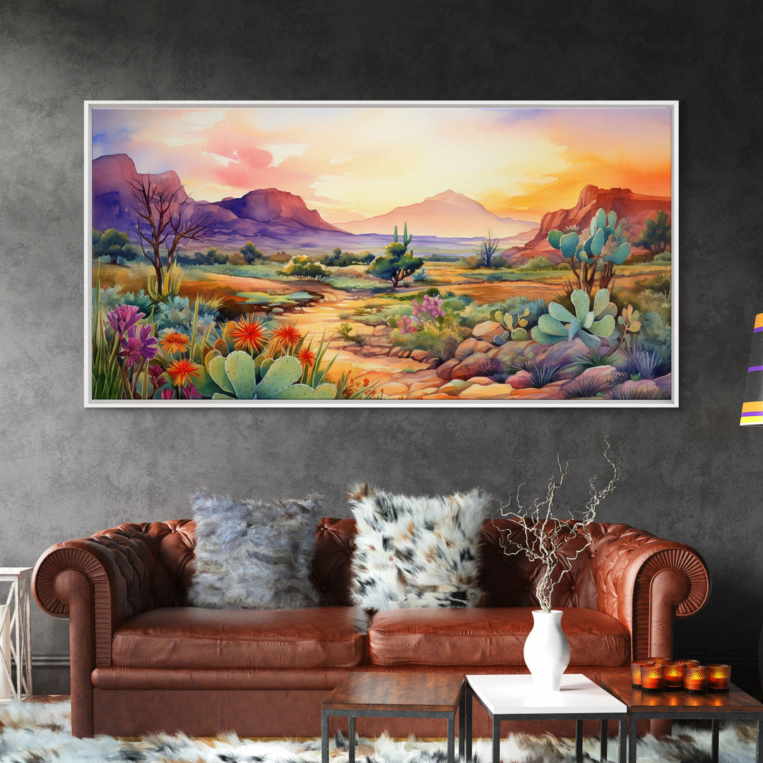 Southwestern Desert Landscape Print, Floral Print, Framed Canvas Art, Vibrant Cactus Desert Art, Mid-Century Modern, Pastel Desert Art