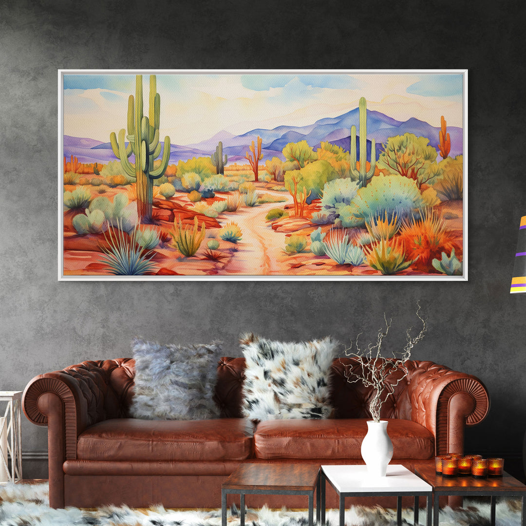 Southwestern Desert Landscape Print, Floral Print, Framed Canvas Art, Vibrant Cactus Desert Art, Mid-Century Modern, Pastel Desert Art