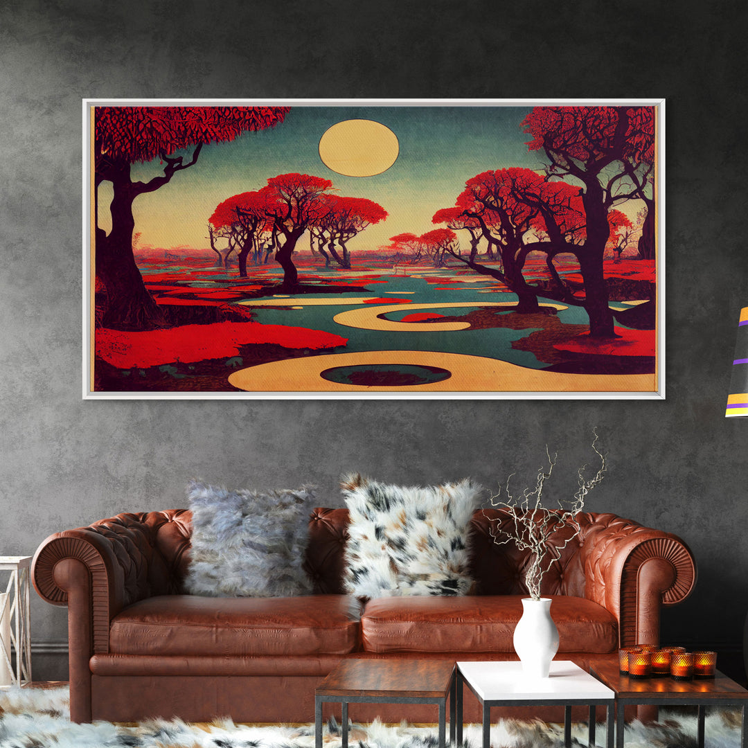 Psychedelic Crimson Red Cherry Blossom Trees, Ready To Hang Canvas Print, Framed Wall Art