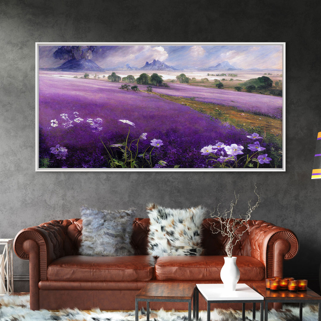 Purple Lavender Fields, Abstract Watercolor Art, Ready To Hang Canvas Print, Framed Wall Art