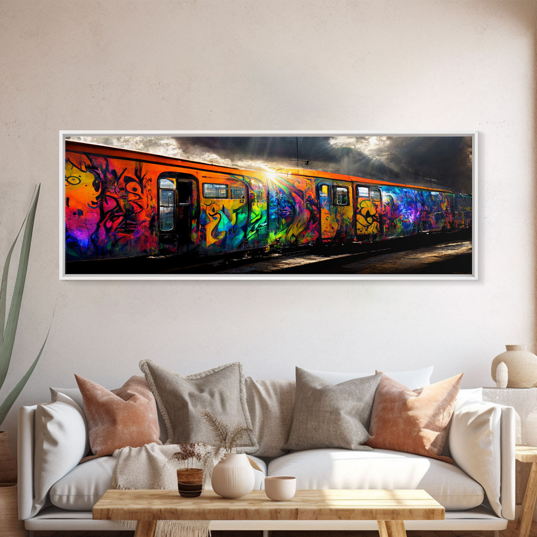 Graffiti Covered Train, Colorful Graffiti Art, Extra Large Wall Art, Framed Panoramic Canvas Print, Framed Wall Decor | Wall Art