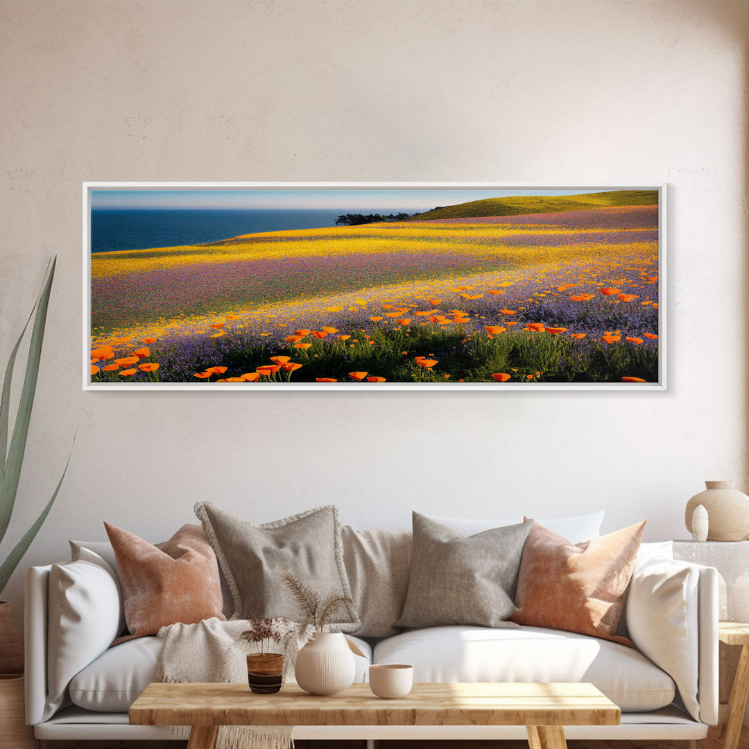 Orange and Purple Flowers in Bloom, Office Poster, Extra Large Wall Art, Framed Panoramic Canvas Print, Framed Wall Decor