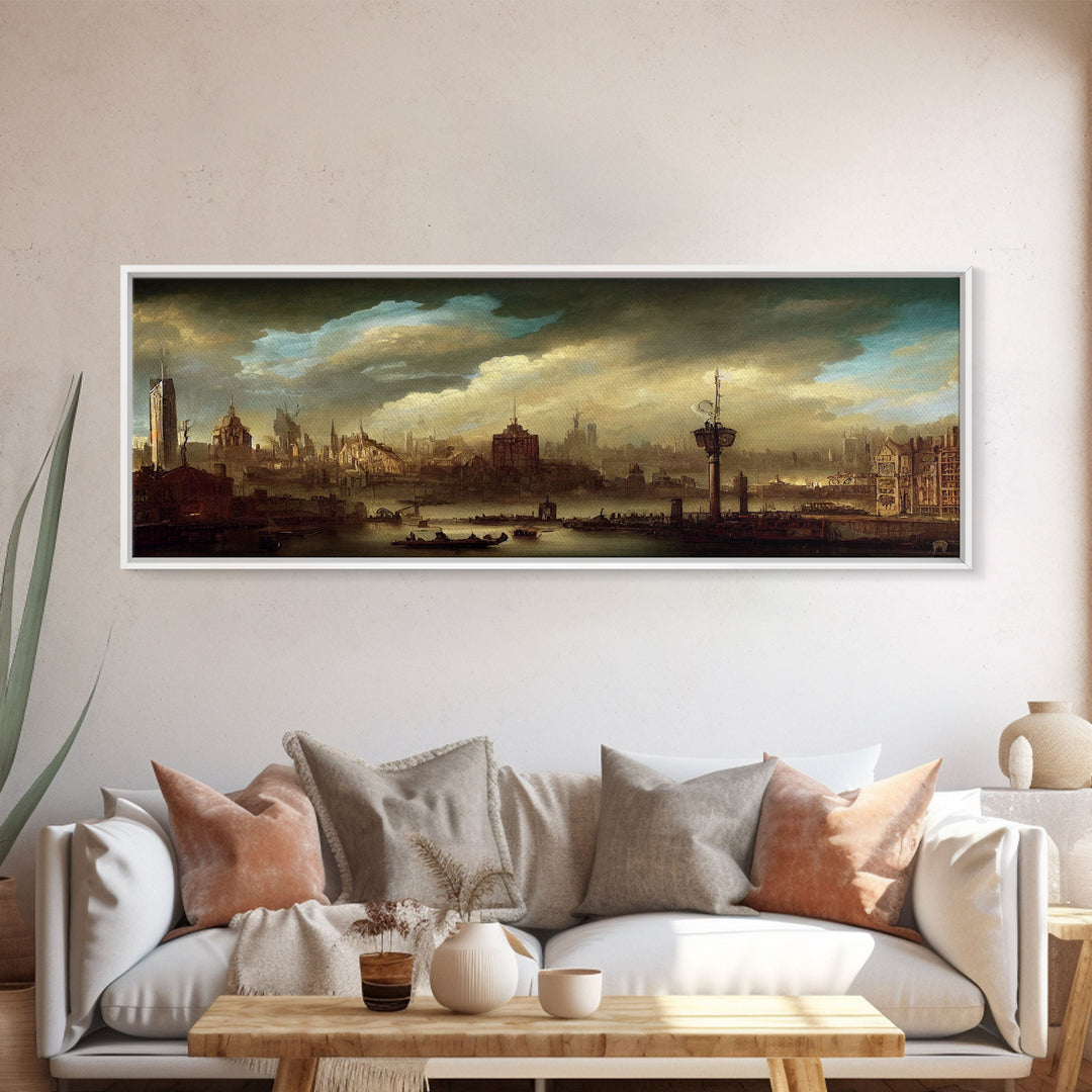 Steampunk Victorian Cityscape, Extra Large Wall Art, Framed Panoramic Canvas Print, Framed Wall Art