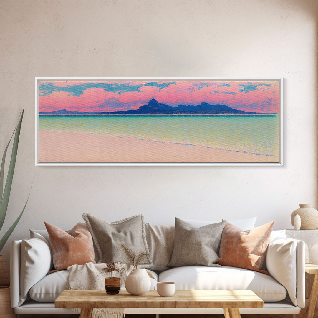 Neon Pink Beach, Cool Abstract Art, Extra Large Wall Art, Framed Panoramic Canvas Print, Framed Wall Art