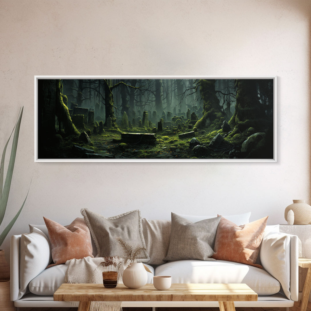 The Reclaimed Graveyard Panoramic Canvas Print, Framed Halloween Art, Spooky Decor, Halloween Art, Halloween Wall Art, Halloween Art Print