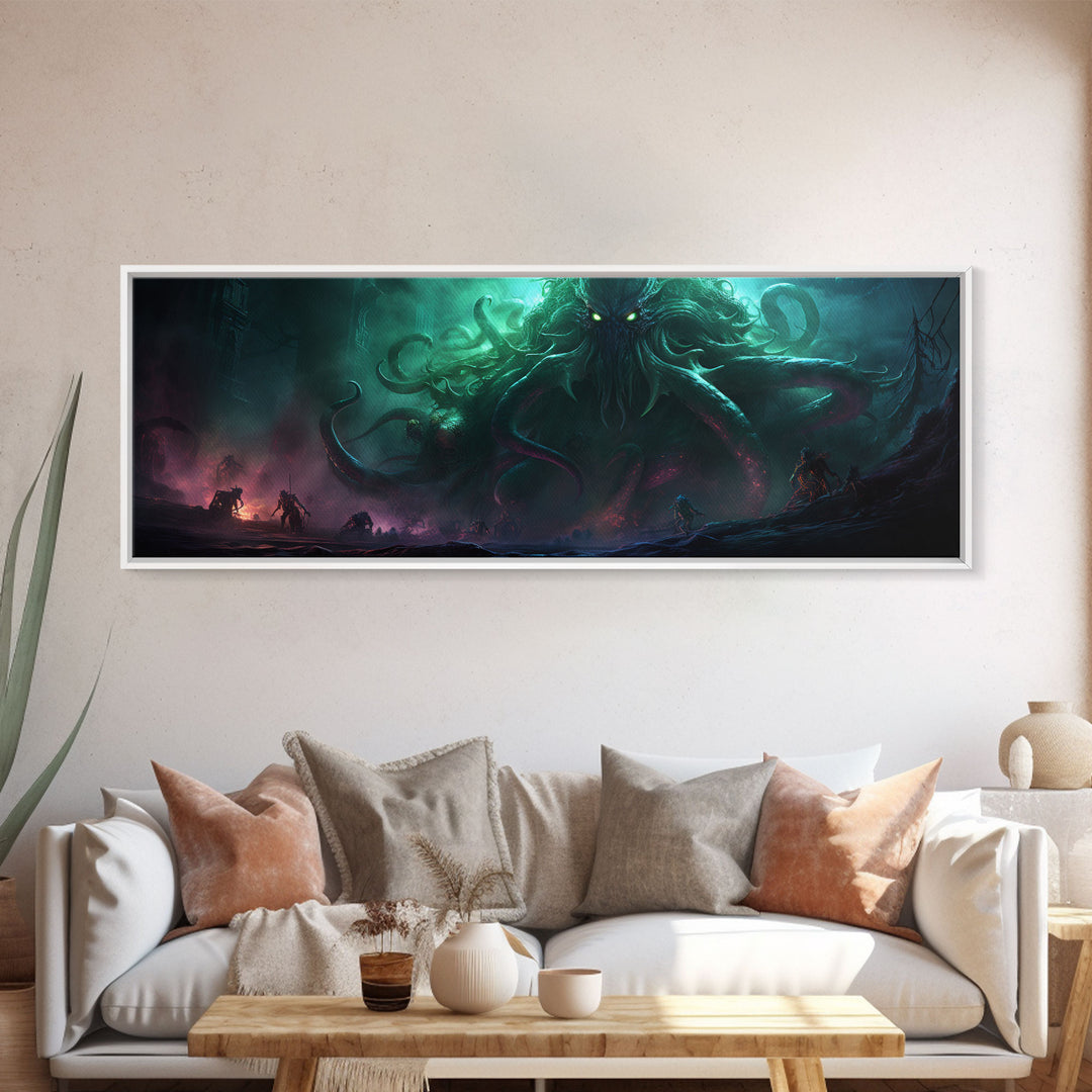 Rise Of Cthulhu Framed Canvas Print, Panoramic Call of Cthulhu H.P. Lovecraft Cosmic Horror Steampunk Gothic Darrk Art Wall Decor