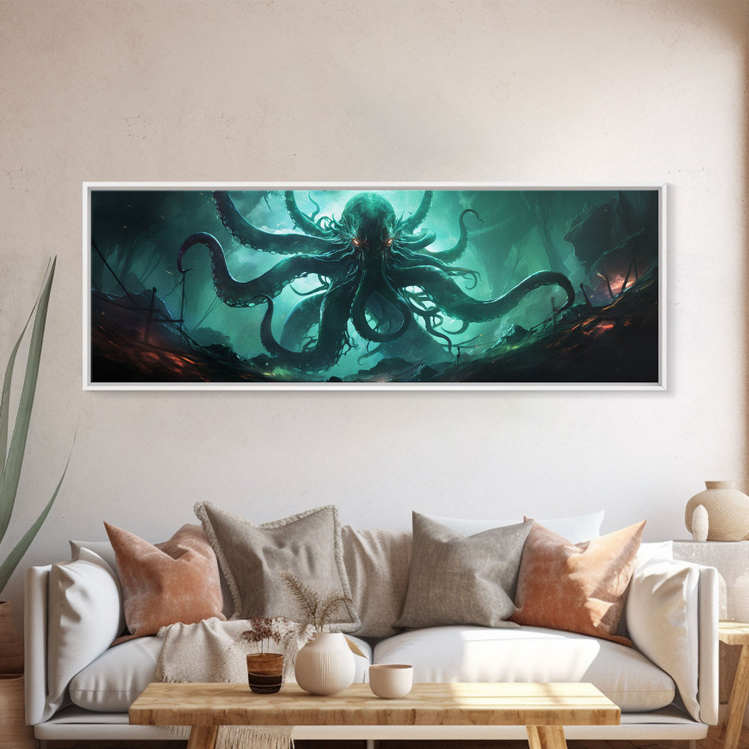 Rise Of Cthulhu Framed Canvas Print, Panoramic Call of Cthulhu H.P. Lovecraft Cosmic Horror Steampunk Gothic Darrk Art Wall Decor