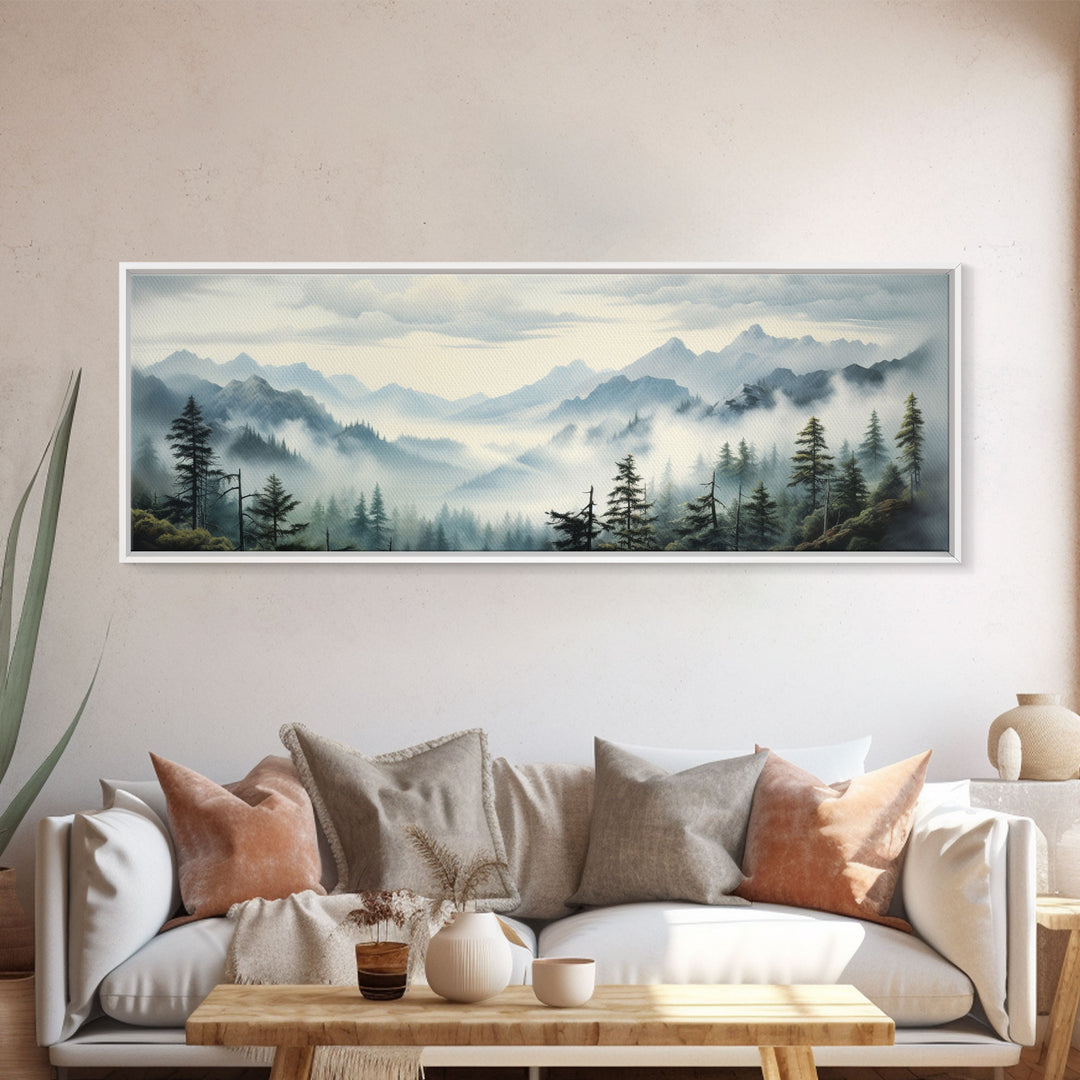 Foggy Mountain Forest Canvas Print, Oil Landscape Painting On Canvas - Ready To Hang Large Panoramic Canvas Wall Art Prints, Framed Wall Art