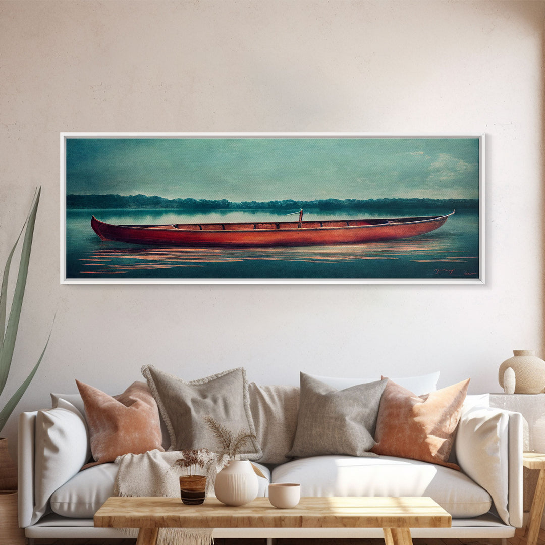 Cool Lakehouse Art, Canoe on the Lake Watercolor, Extra Large Wall Art, Framed Panoramic Canvas Print, Framed Wall Decor