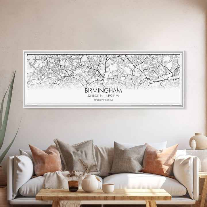 Panoramic Birmingham City Map, United Kingdom Art, Map Print, Minimalist Wall Art, Canvas Art, Housewarming Gift, Street Map, Closing Gift