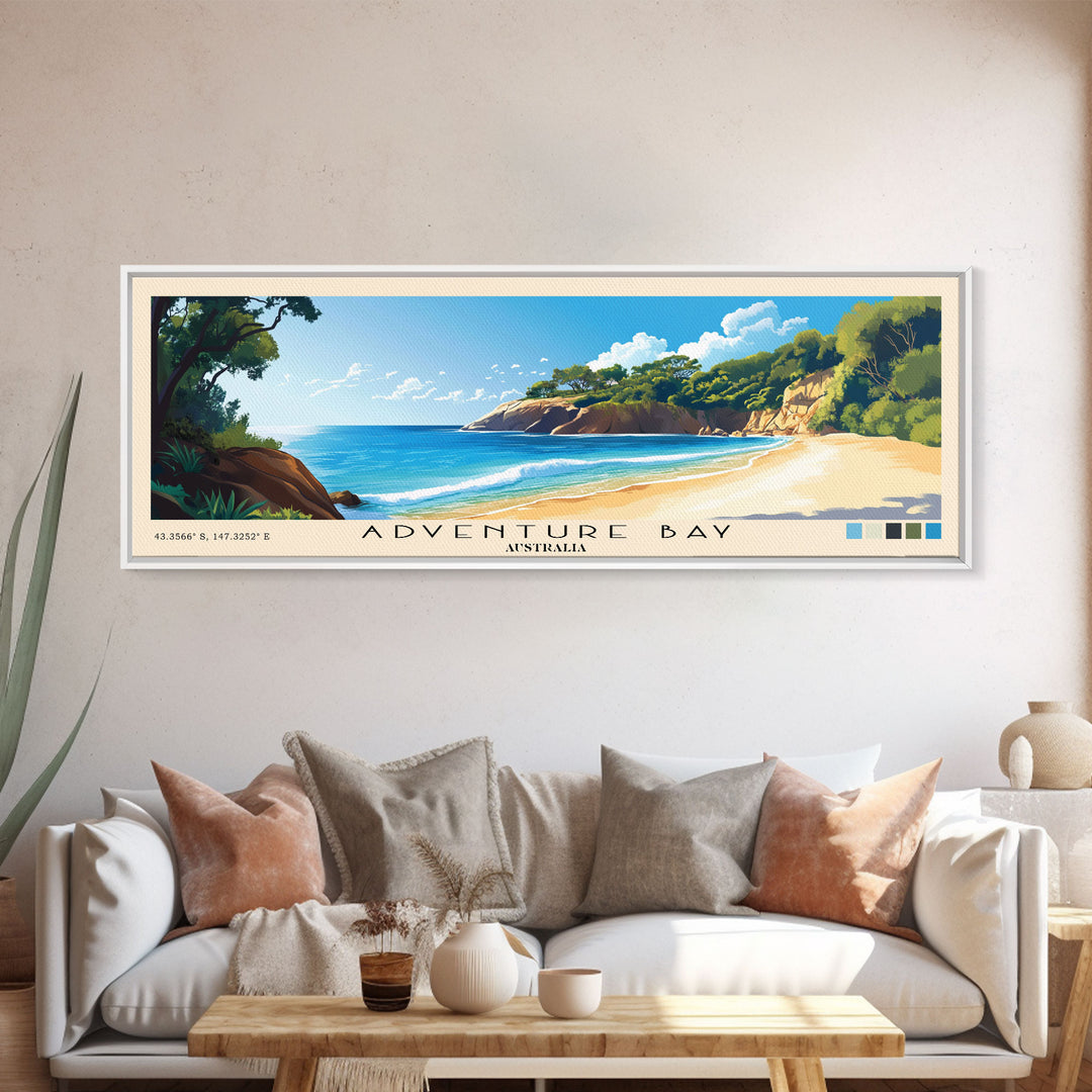 Adventure Bay, Australia Panoramic Beach Print, Vacation Gift, Australia Wall Art, Framed Canvas Print, Framed Beach Painting