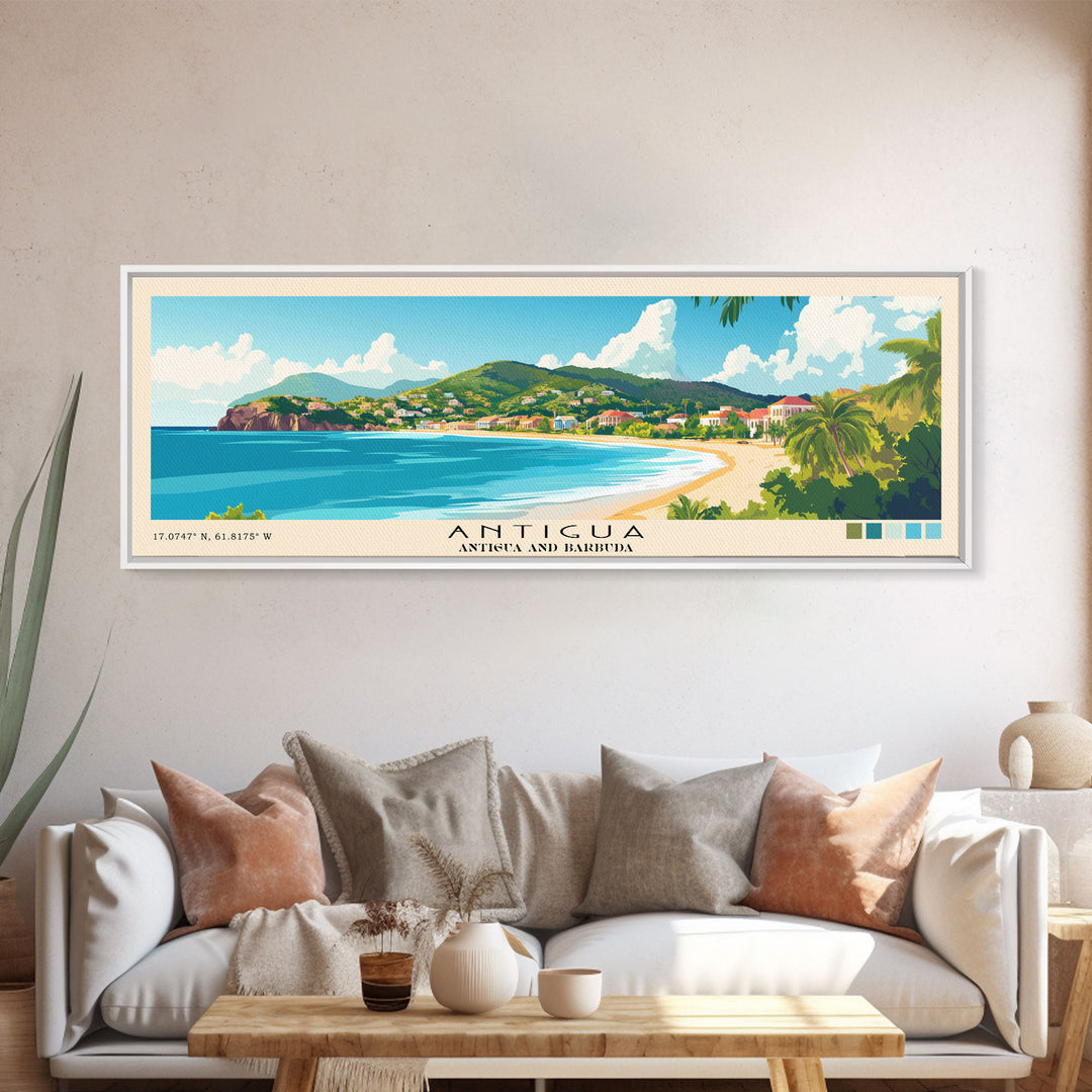 Antigua, Antigua and Barbuda Panoramic Print, Vacation Gift, Antigua and Barbuda Wall Art, Beach Painting, Beach Decor, Large Wall Art, Wood Frame Art