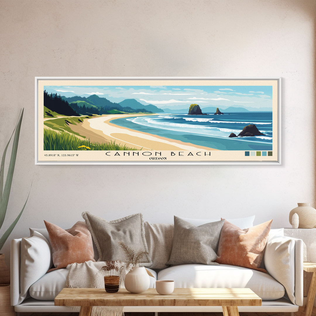 Cannon Beach, Oregon Panoramic Beach Print, Vacation Gift, Oregon Wall Art, Beach Painting, Beach Decor, Beach Painting