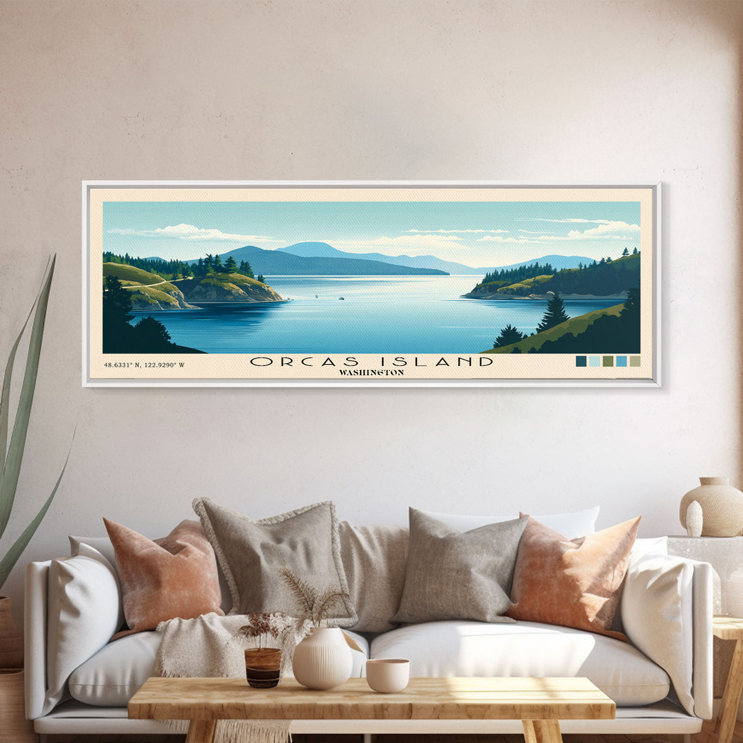 Orcas Island, Washington Panoramic Beach Print, Vacation Gift, Washington Wall Art, Framed Canvas Print, Framed Beach Painting