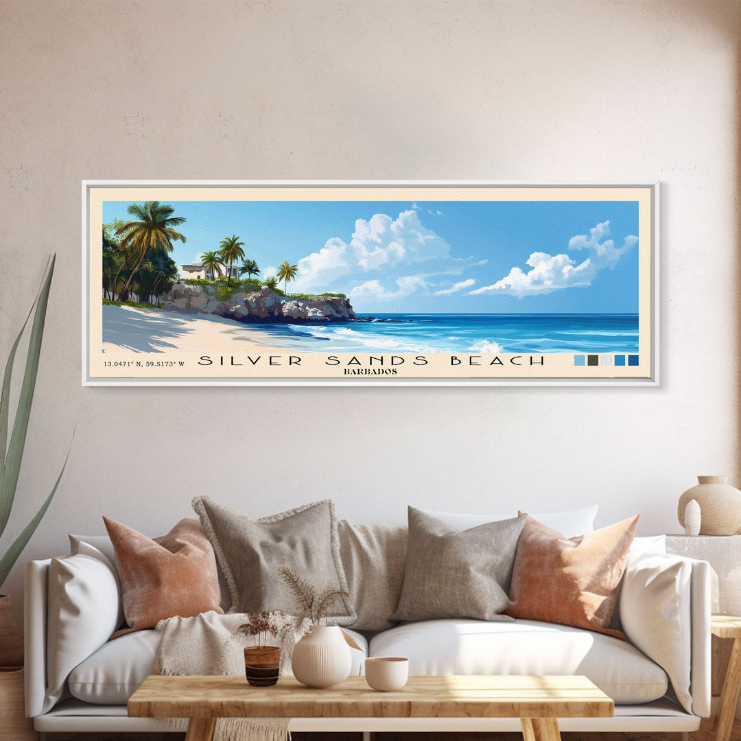 Silver Sands Beach, Barbados Panoramic Print, Vacation Gift, Barbados Wall Art, Beach Painting, Beach Decor, Large Wall Art, Wood Frame Art