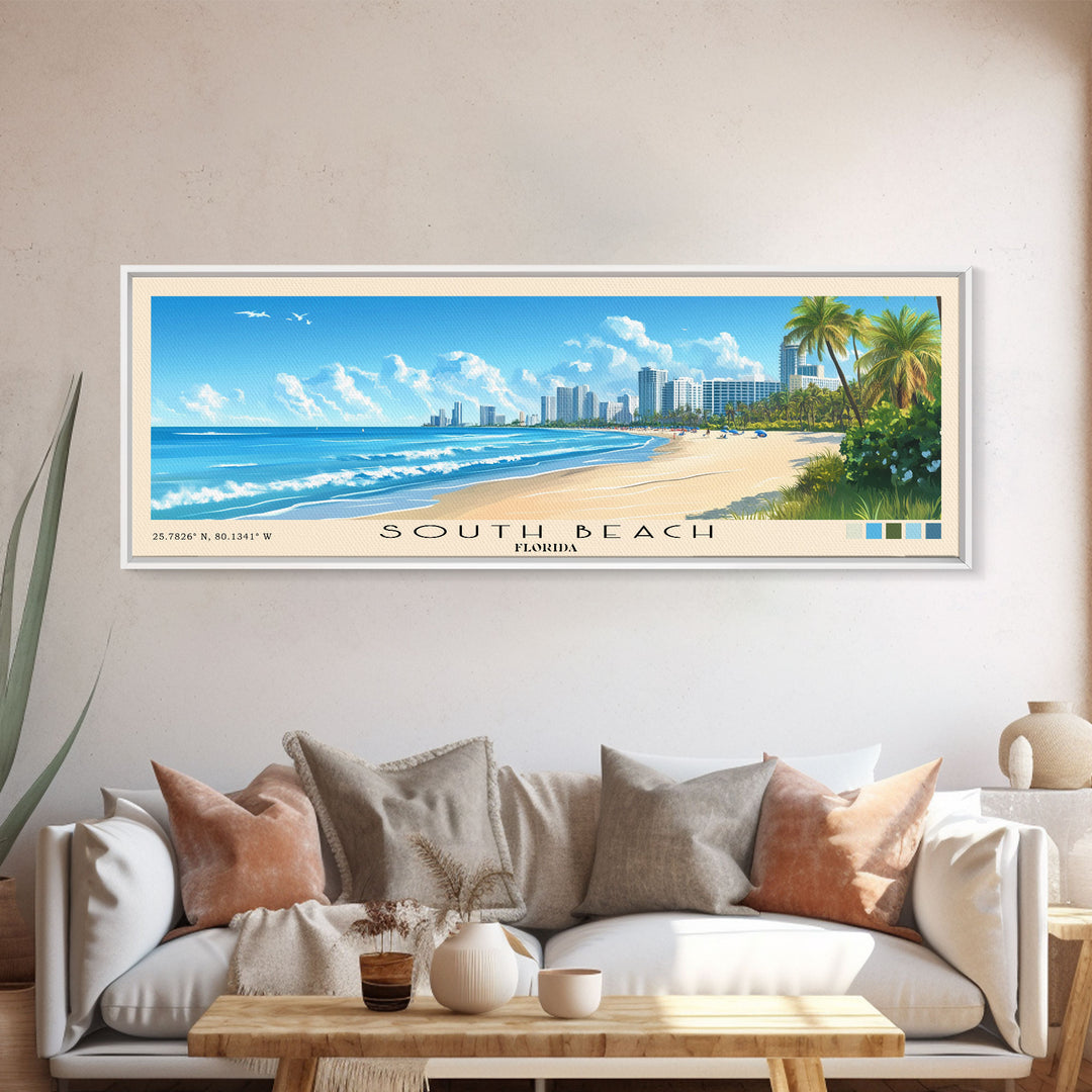 South Beach, Florida Panoramic Print, Vacation Gift, Florida Wall Art, Beach Painting, Beach Decor, Beach Or Lakehouse Art