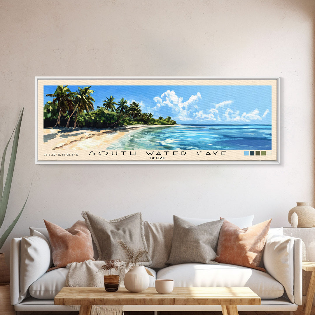 South Water Caye, Belize Panoramic Beach Print, Vacation Gift, Belize Wall Art, Framed Canvas Print, Framed Beach Painting