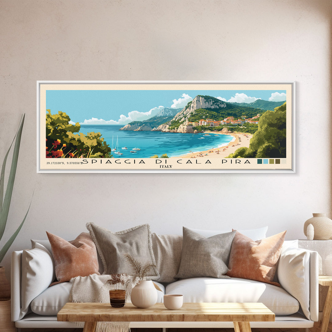 Spiaggia di Cala Pira, Italy Panoramic Beach Print, Vacation Gift, Italy Wall Art, Framed Canvas Print, Framed Beach Painting