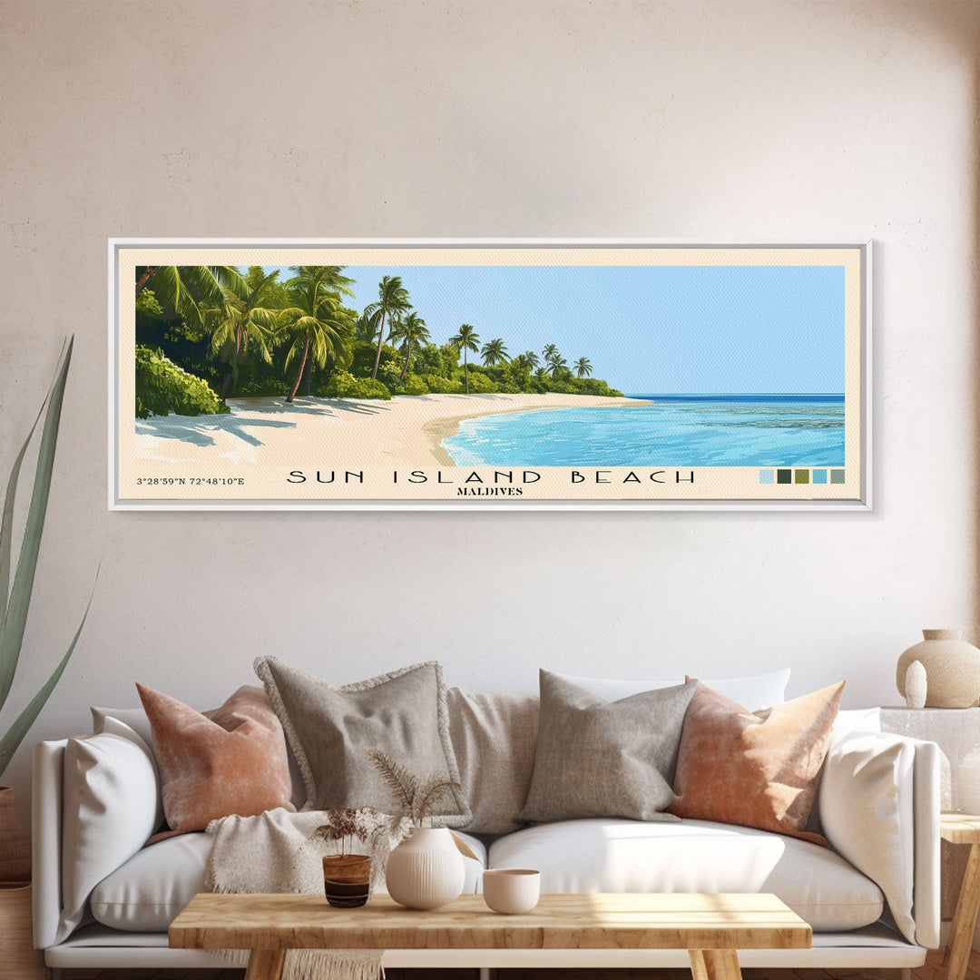 Sun Island Beach, Maldives Panoramic Print, Vacation Gift, Maldives Wall Art, Beach Painting, Beach Decor, Large Wall Art, Wood Frame Art