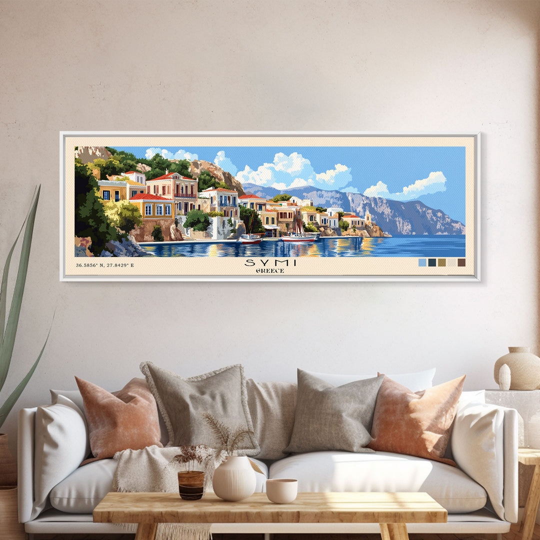 Symi, Greece Panoramic Beach Print, Vacation Gift, Greece Wall Art, Beach Painting, Beach Decor, Beach Painting