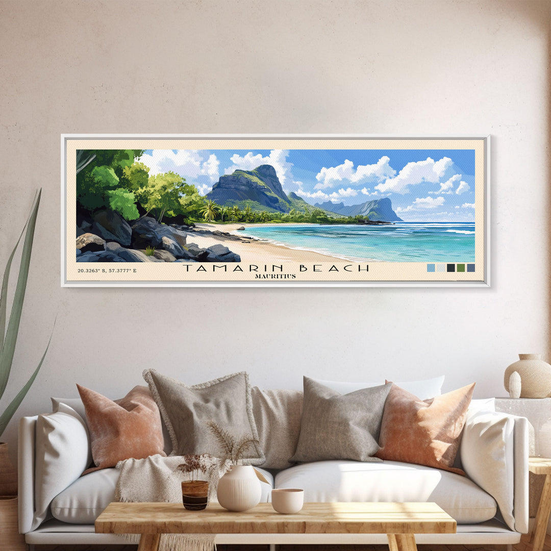 Tamarin Beach, Mauritius Panoramic Beach Print, Vacation Gift, Mauritius Wall Art, Framed Canvas Print, Framed Beach Painting