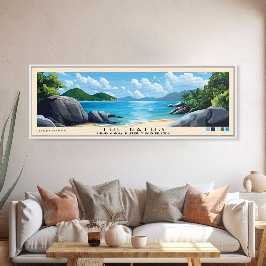 The Baths, Virgin Gorda, British Virgin Islands Panoramic Beach Print, Vacation Gift, Virgin Gorda, British Virgin Islands Wall Art, Framed Canvas Print, Framed Beach Painting