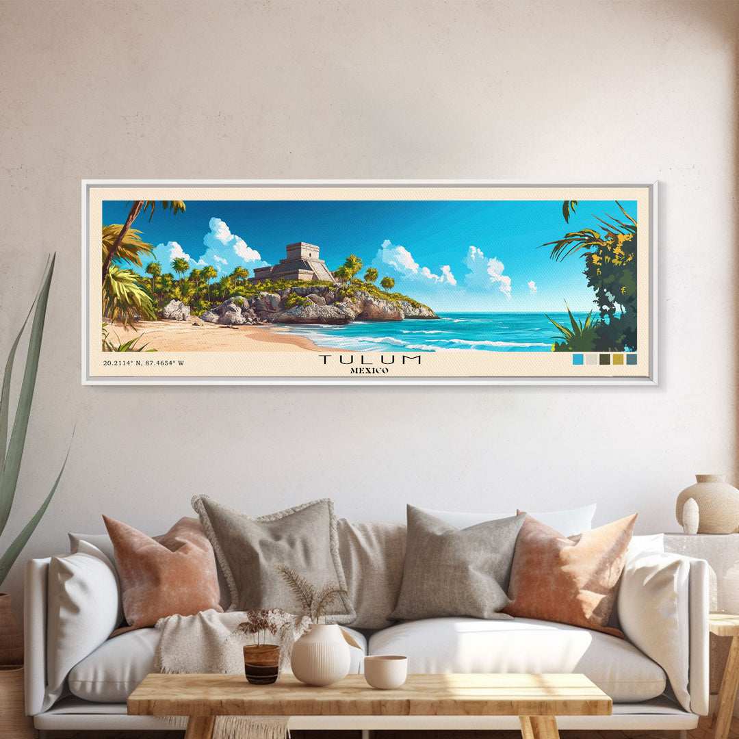 Tulum, Mexico Panoramic Print, Vacation Gift, Mexico Wall Art, Beach Painting, Beach Decor, Large Wall Art, Wood Frame Art