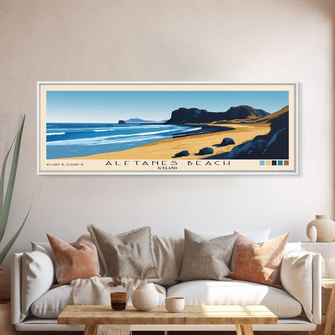 Álftanes Beach, Iceland Panoramic Print, Vacation Gift, Iceland Wall Art, Beach Painting, Beach Decor, Large Wall Art, Wood Frame Art