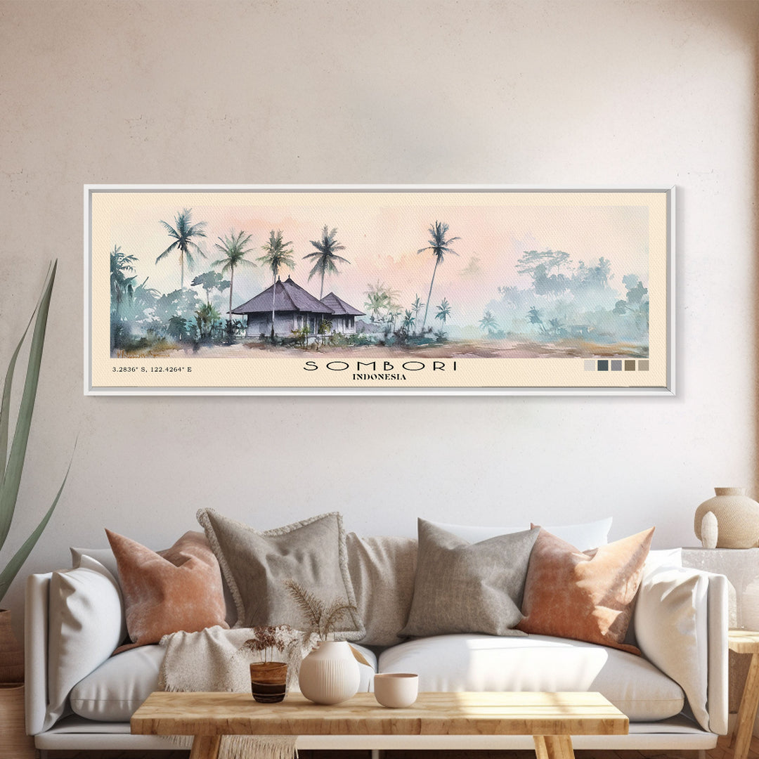 Sombori, Indonesia Watercolor Beach Print, Vacation Gift, Indonesia Wall Art, Framed Canvas Print, Framed Beach Painting