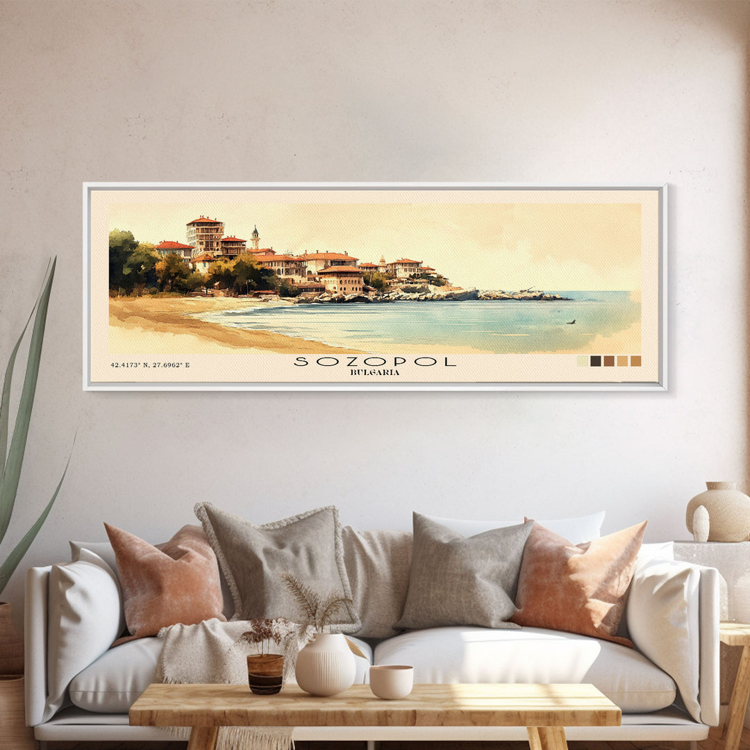 Sozopol, Bulgaria Watercolor Beach Print, Vacation Gift, Bulgaria Wall Art, Framed Canvas Print, Framed Beach Painting