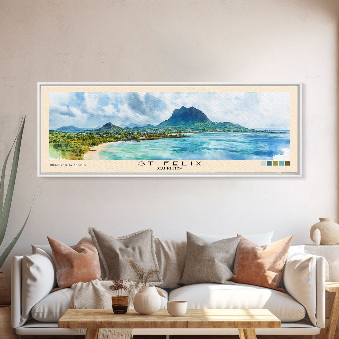 St Felix, Mauritius Watercolor Beach Print, Vacation Gift, Mauritius Wall Art, Framed Canvas Print, Framed Beach Painting