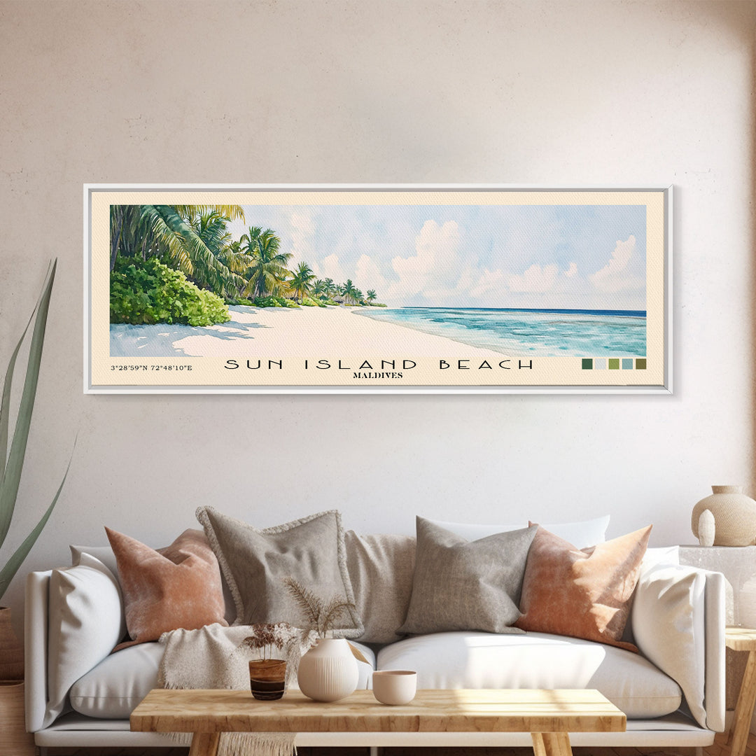 Sun Island Beach, Maldives Watercolor Print, Vacation Gift, Maldives Wall Art, Beach Painting, Beach Decor, Large Wall Art, Wood Frame Art