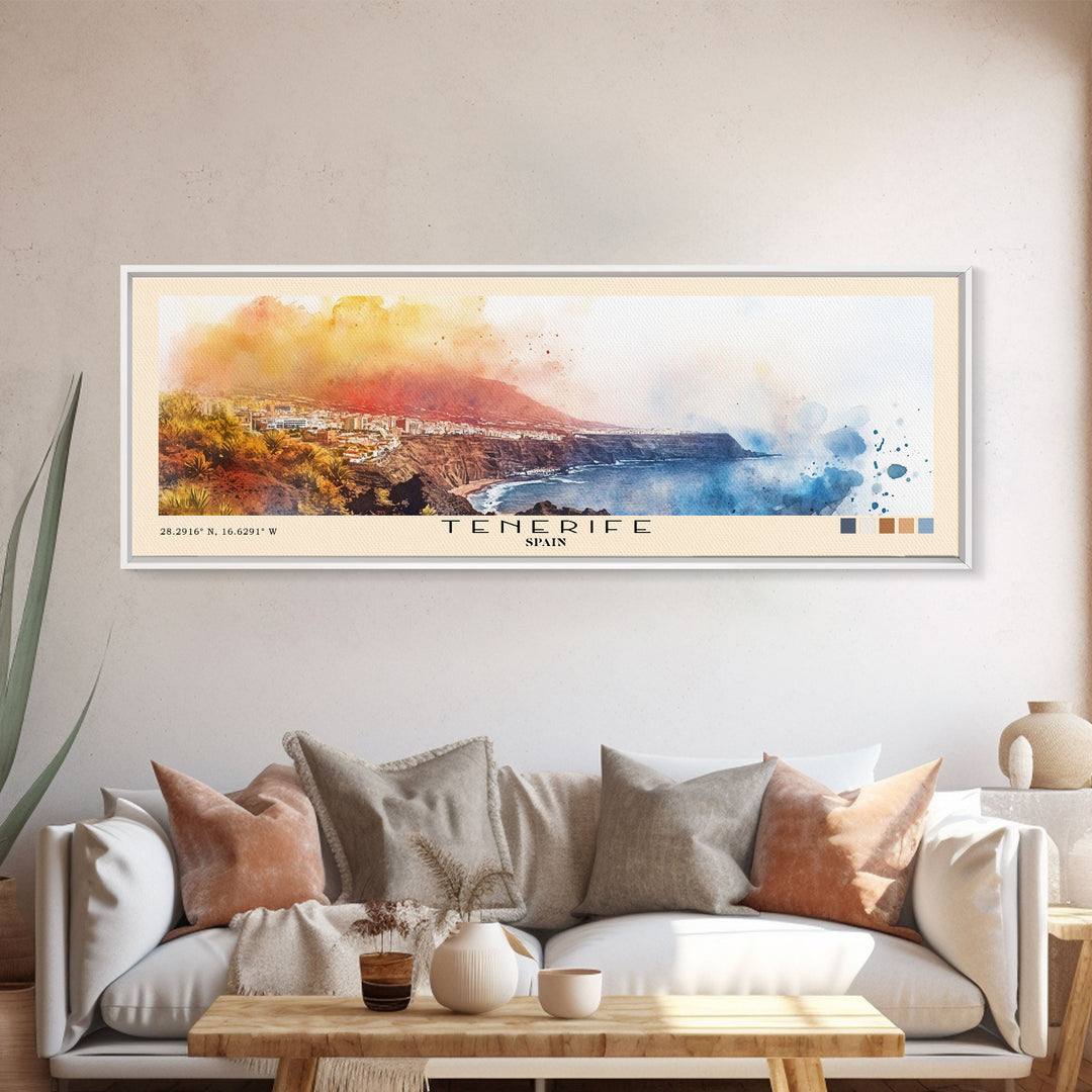 Tenerife, Spain Watercolor Beach Print, Vacation Gift, Spain Wall Art, Framed Canvas Print, Framed Beach Painting