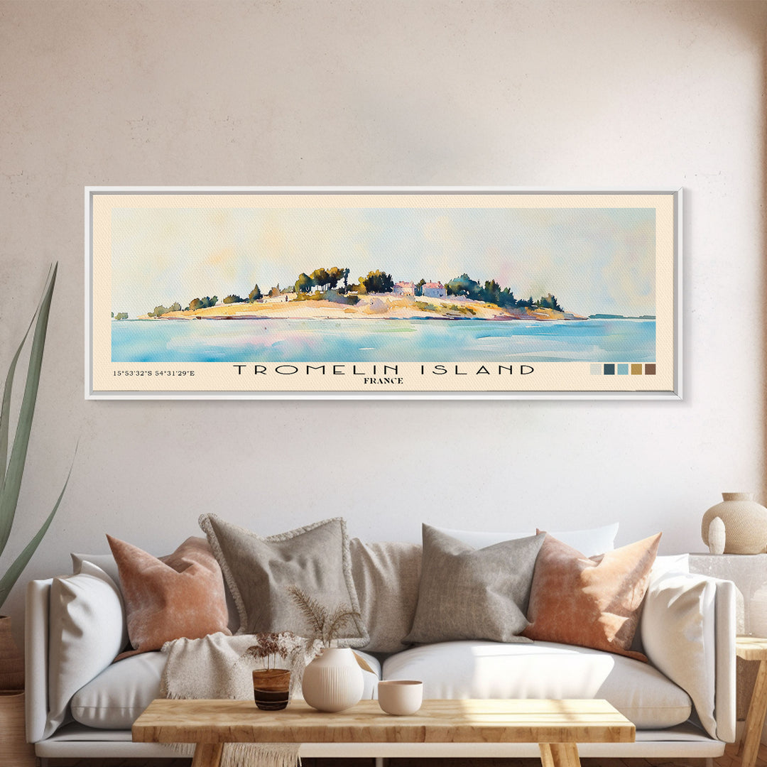 Tromelin Island, France Watercolor Beach Print, Vacation Gift, France Wall Art, Framed Canvas Print, Framed Beach Painting