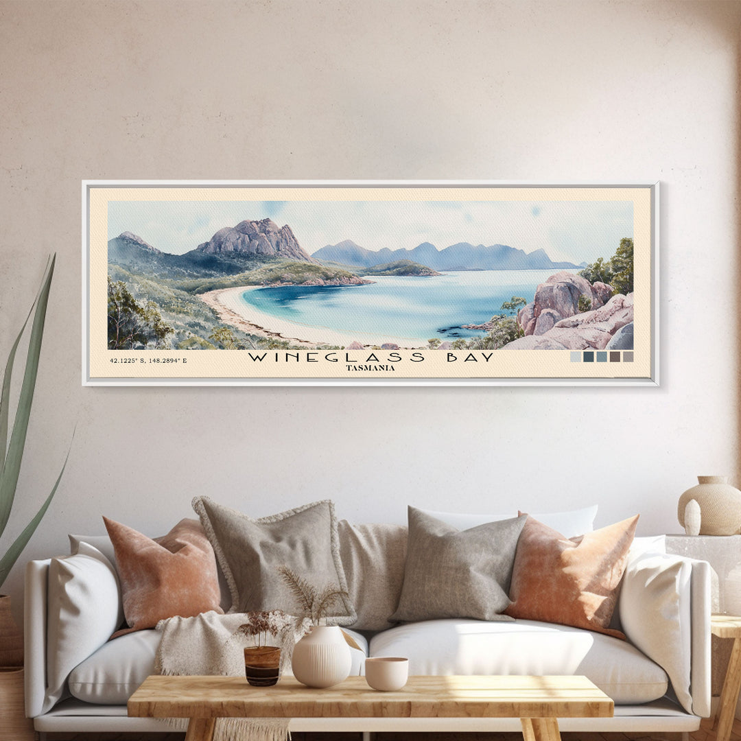 Wineglass Bay, Tasmania Watercolor Beach Print, Vacation Gift, Tasmania Wall Art, Framed Canvas Print, Framed Beach Painting