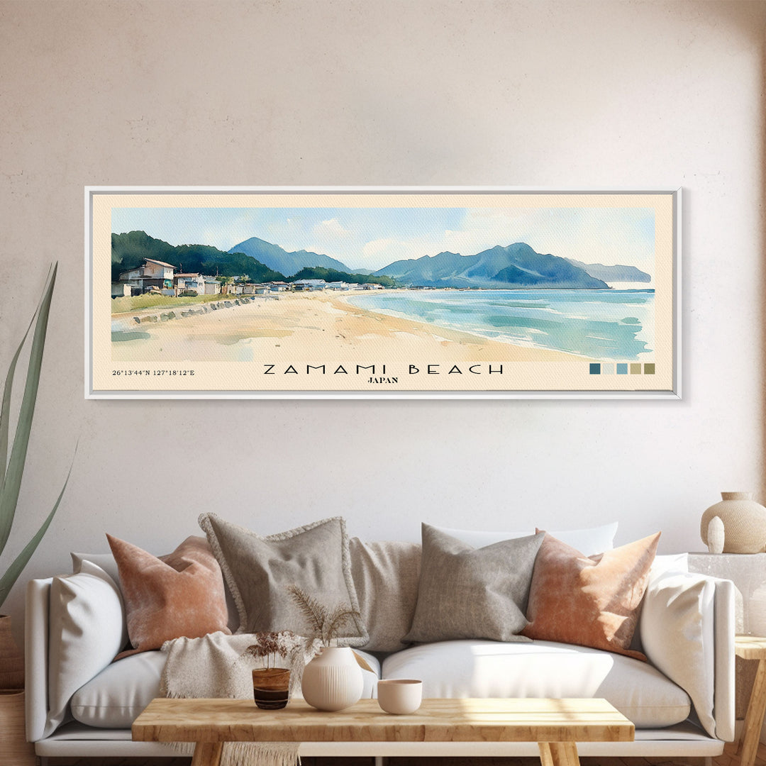 Zamami Beach, Japan Watercolor Beach Print, Vacation Gift, Japan Wall Art, Framed Canvas Print, Framed Beach Painting