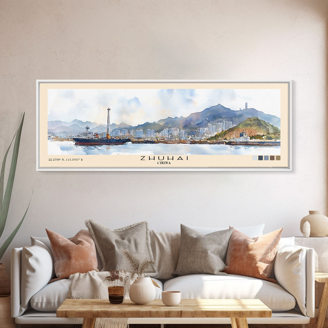 Zhuhai, China Watercolor Print, Vacation Gift, China Wall Art, Beach Painting, Beach Decor, Large Wall Art, Wood Frame Art