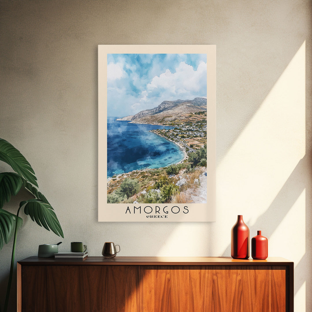 Amorgos, Greece Watercolor Print, Vacation Gift, Greece Wall Art, Beach Painting, Beach Decor, Large Wall Art, Wood Frame Art