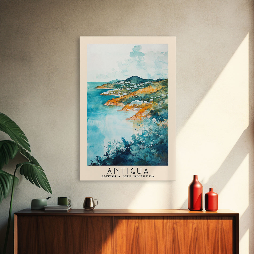 Antigua, Antigua and Barbuda Watercolor Beach Print, Vacation Gift, Antigua and Barbuda Wall Art, Framed Canvas Print, Framed Beach Painting