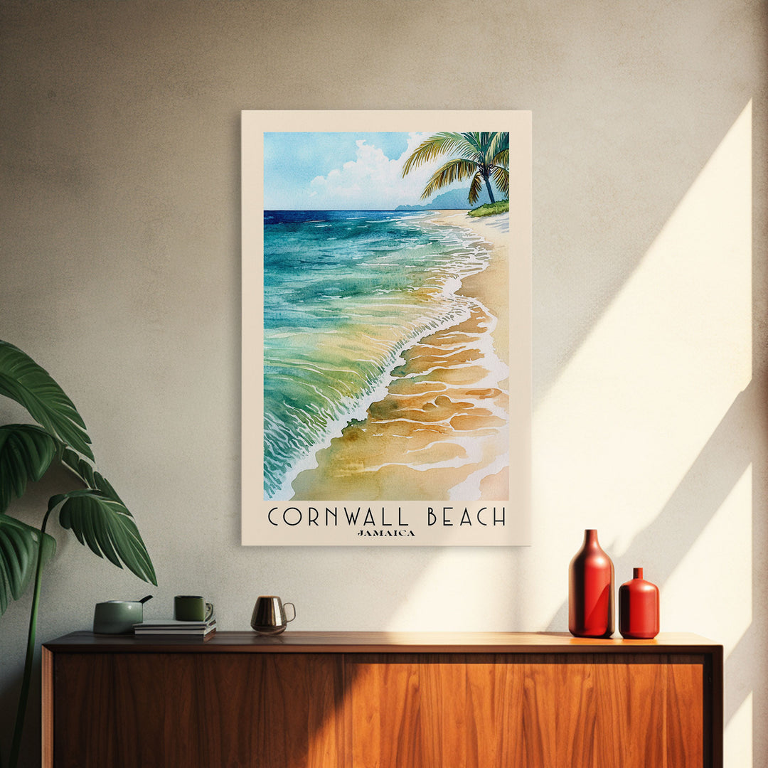 Cornwall Beach, Jamaica Watercolor Beach Print, Vacation Gift, Jamaica Wall Art, Framed Canvas Print, Framed Beach Painting