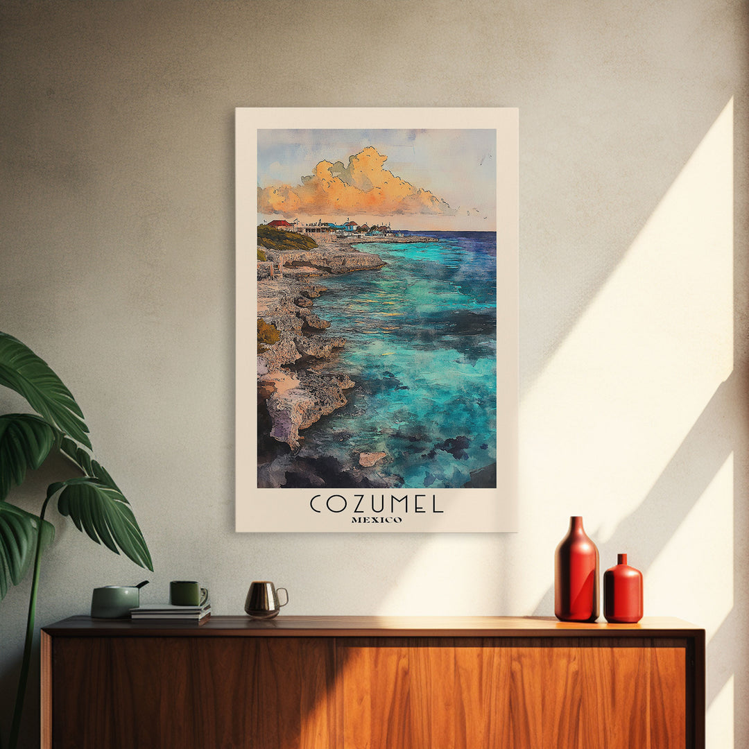 Cozumel, Mexico Watercolor Print, Vacation Gift, Mexico Wall Art, Beach Painting, Beach Decor, Large Wall Art, Wood Frame Art