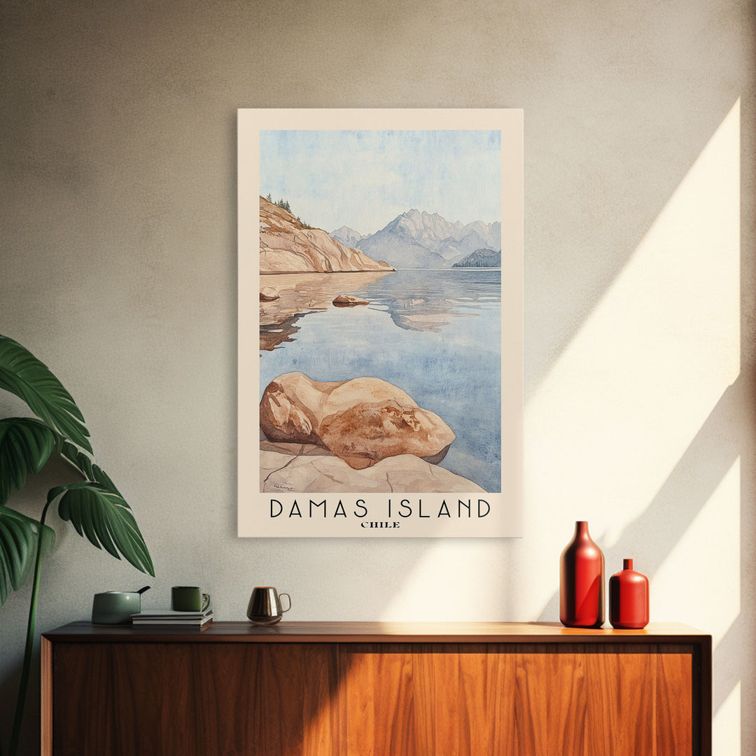 Damas Island, Chile Watercolor Beach Print, Vacation Gift, Chile Wall Art, Framed Canvas Print, Framed Beach Painting