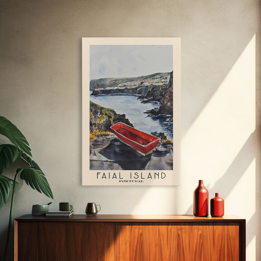 Faial Island, Portugal Watercolor Beach Print, Vacation Gift, Portugal Wall Art, Framed Canvas Print, Framed Beach Painting